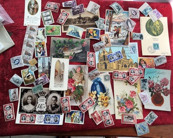 Random sale Scrapbooking Antique France pretty lots of illustrated postcards,-stamps, Chromos vintage Script French-junk journal