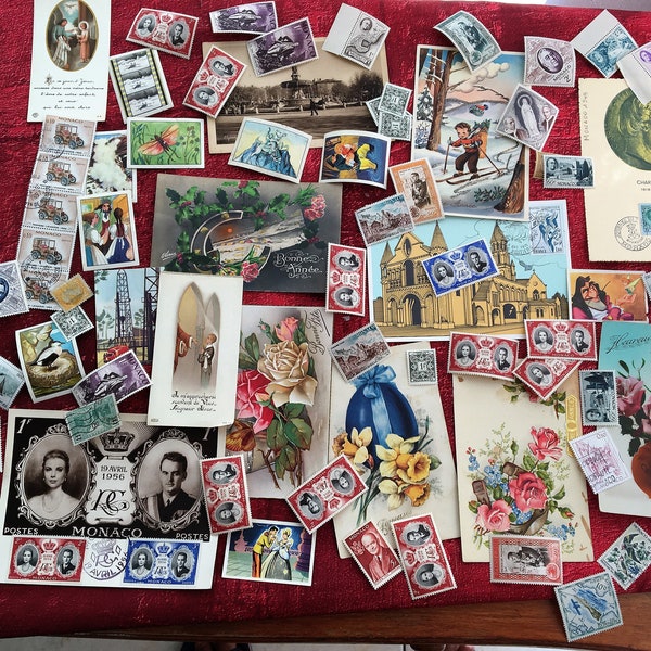 French Scrapbooking Antique France & Monaco Bundles of letters illustrated postcards, stamps, vintage Chromos Script French-junk journal