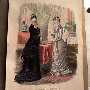 France Vintage Gravure originale 1881-La Mode Illustrée Toilettes Mme Bréant-Castel --Leroy Paris-Art-Antiquité dessin d'art Estampe