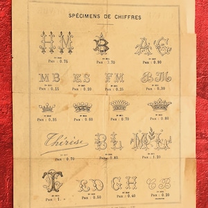 May include: An aged paper featuring a collection of decorative letter and number designs, including crowns and stylized initials. The title "SPÉCIMENS DE CHIFFRES" is visible. The paper shows signs of age with creases and wear, indicating its antique origin.