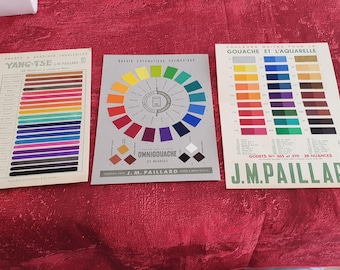 Zeldzame vintage brochure voor de J.M. Paillard Deco gouache kleurenkaart, Parijs, 1956, met een harmonische cirkel van kunstkleuren en een advertentie voor efemera.