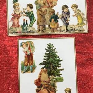 Christmas 1882 Véritables Chromo composés en 2 cartes sur support carton-Chromos collés en relief dits"découpis"chromolithographie originale
