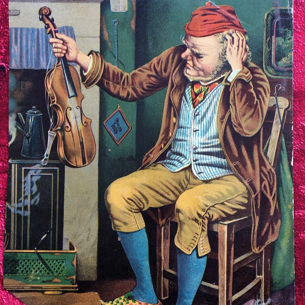 1882 Chromo Géant original chromolithograph from France a violin player saddened by the breakage of his musical instrument
