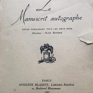 Reseña antigua y rara: El manuscrito autógrafo número 5 (septiembre - octubre de 1927)M. Jean ROYÈRE, 56 páginas