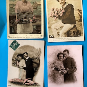 4 Postkarten – Postkarte Frankreich 1909 Thema Fantasie – Junge französische Paare lieben Liebe, Liebe und gute Wünsche