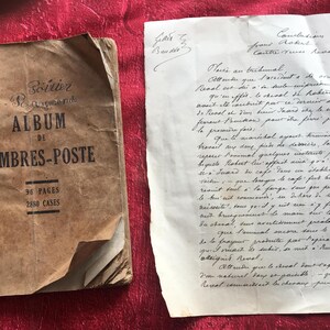 Francia, Scrapbooking-Álbum antiguo con sellos de todo el mundo + Grabado religioso + 2 Documentos fiscales + 3 facturas + 2 Cartas manuscritas-no deseadas
