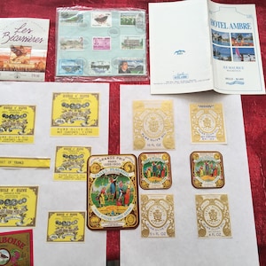 Ölmühle-Olivenöl-Oliviers Provence 14 Chromographie-Etiketten-Geprägt+Mauritius-Briefmarken + Reiseführer-Hotel Mauritius