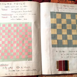 May include: A notebook page with a handwritten title "ARMURE TOILE" and two diagrams of woven fabric patterns. The diagrams are labeled "Effet de cassure" and "Effet de retrecissage".