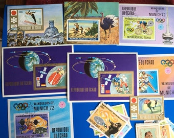 Scout scoutisme-Jeux olympiques Munich 72,Space-Lot of 39 Stamps and blocks Tchad Africa for -Types -Typography-serrated Ex-colony française