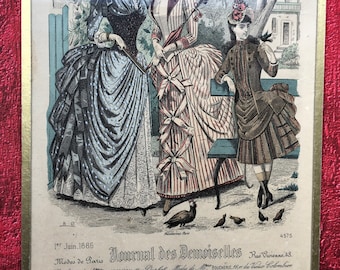 1886-Journal des Demoiselles Vintage Fashion Glass frame original engraving:48 rue Vivienne Paris Crinoline-Falbalas-Toilette-France 18th