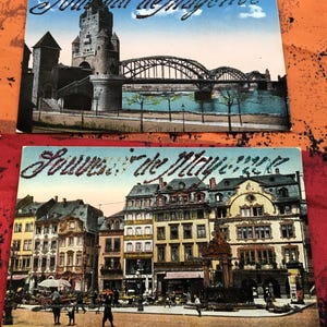 2 Postkarten -Postkarte mit kleinen glänzenden Punkten Frankreich Fantasy-Thema-Mainz Deutschland Volksabstimmung 1922