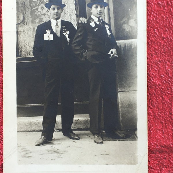 2 Men Conscripts ready for military service-Photograph Photo Card Photo RPPC Real Photo in Postcard--Marseille France