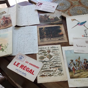 Scrapbooking 2 papéis manuscritos antigos ((1829 e 1833) 6 gravuras-3 mata-borrões-2 cromógrafos totalizam 13 objetos da França