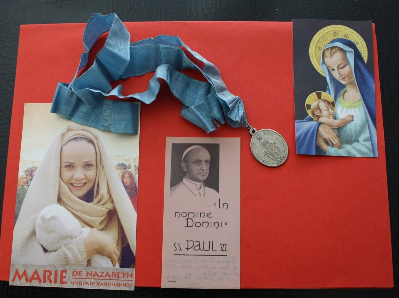 Virgin Vierge Marie, Mary, Maria Religious Silver Medal Blue Ribbon Of Neck ->+ 3 Icon Pictures Piou