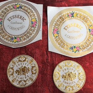 Scrapbooking 4 goldene geprägte Etiketten Original-WERBUNG Chromographie - Konditorei für kandierte glasierte Früchte - Eyséric in Carpentras, Frankreich