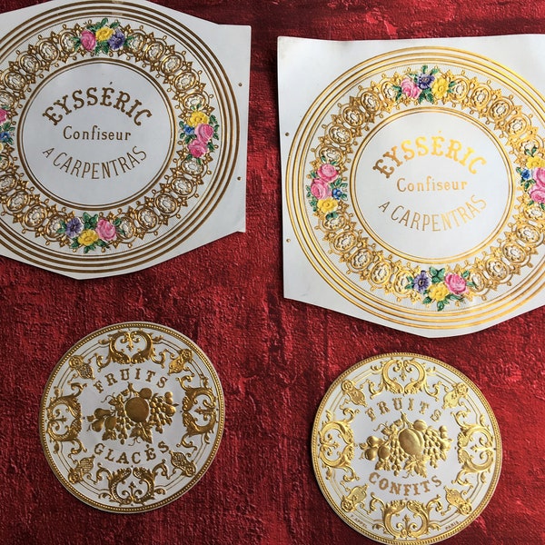 Scrapbooking 4 goldene geprägte Etiketten Original-WERBUNG Chromographie - Konditorei für kandierte glasierte Früchte - Eyséric in Carpentras, Frankreich