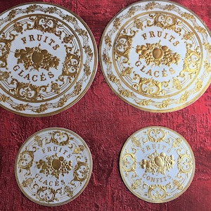Scapbooking Original-WERBUNG 4 wunderschöne goldgeprägte Chromographie-Etiketten – kandierte glasierte Früchte – Eyséric-Konditor Carpentras Frankreich