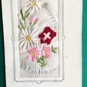 1900 Postcard-Hand Embroidered Souvenir of Lake Geneva Switzerland Helvetia Old Postcard Fantasy Theme Embroidered precursor