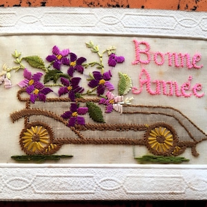 Postkarte – handgestickte Postkarte „Happy New Year Fantasy Theme“ – selten – beliebtes Auto 1920