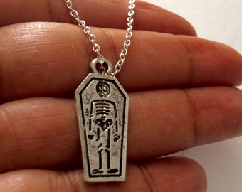 Skeleton Necklace, Goth Necklace, Halloween Necklace, Goth Jewelry, Haloween Pendant, Skeleton In Coffin Necklace