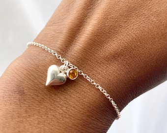 November Gemstone Heart Bracelet, Topaz Birthstone Bracelet, Birthstone Gifts For November