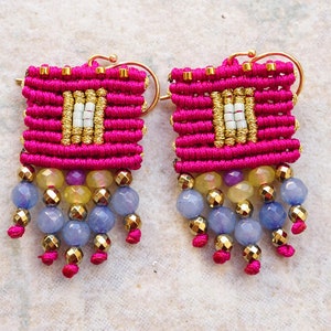 Pink micro macrame earrings - Miyuki hand woven boho chic macrame earrings made with blue agate and hematite beads