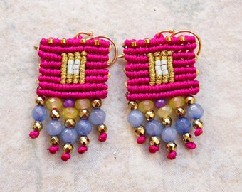 Pink micro macrame earrings - Miyuki hand woven boho chic macrame earrings made with blue agate and hematite beads