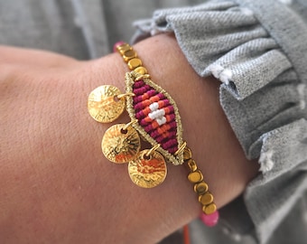 Pink evil eye bracelet with gold coins and gold hematite beads - pink agate protection bracelet - gold coin charm