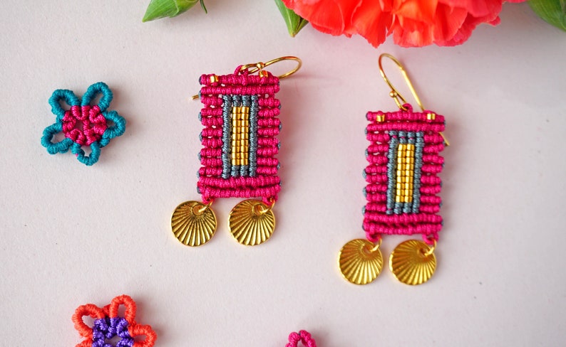Vibrant Wanderlust: Boho Chic Macrame Earrings with gold elements Handcrafted Artisan Jewelry image 3