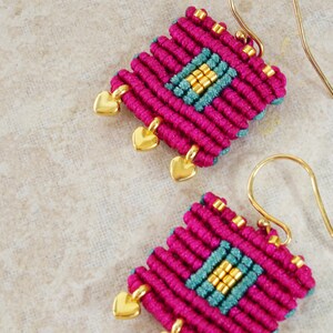 Magenta bohemian square earrings made with little gold plated hearts Pink green and gold macrame earrings with gold miyuki seeds image 2