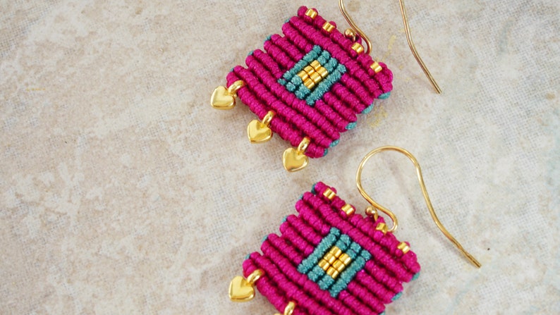 Magenta bohemian square earrings made with little gold plated hearts Pink green and gold macrame earrings with gold miyuki seeds image 2