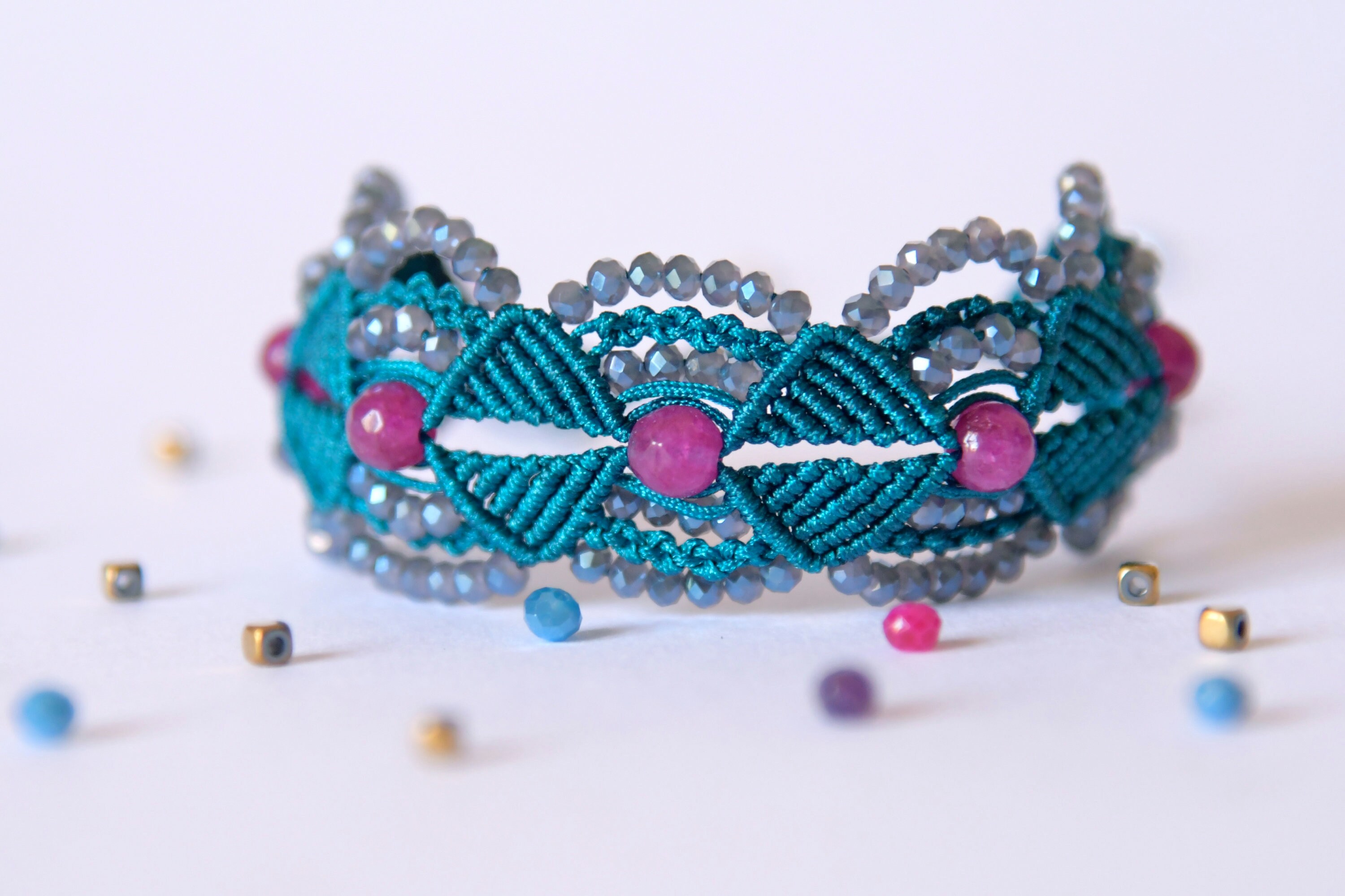 Blue Woven Summer Cuff Bracelet Made With Pink Agate and  display picture 1