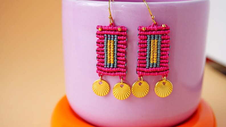 Vibrant Wanderlust: Boho Chic Macrame Earrings with gold elements Handcrafted Artisan Jewelry image 4