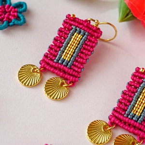 Vibrant Wanderlust: Boho Chic Macrame Earrings with gold elements Handcrafted Artisan Jewelry image 8