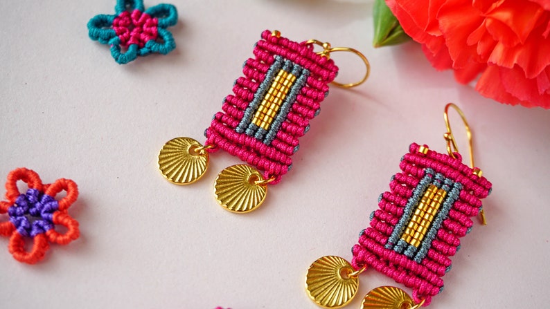 Vibrant Wanderlust: Boho Chic Macrame Earrings with gold elements Handcrafted Artisan Jewelry image 8