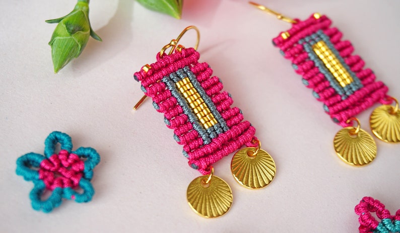 Vibrant Wanderlust: Boho Chic Macrame Earrings with gold elements Handcrafted Artisan Jewelry image 5