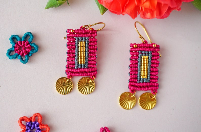 Vibrant Wanderlust: Boho Chic Macrame Earrings with gold elements Handcrafted Artisan Jewelry image 7