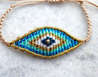 Friendship bracelet - Blue Evil Eye bracelet with hematite bead - Greek bracelet with sea blue colors evil eye macrame - Protection bracelet