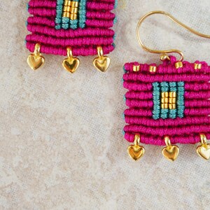 Magenta bohemian square earrings made with little gold plated hearts Pink green and gold macrame earrings with gold miyuki seeds image 4