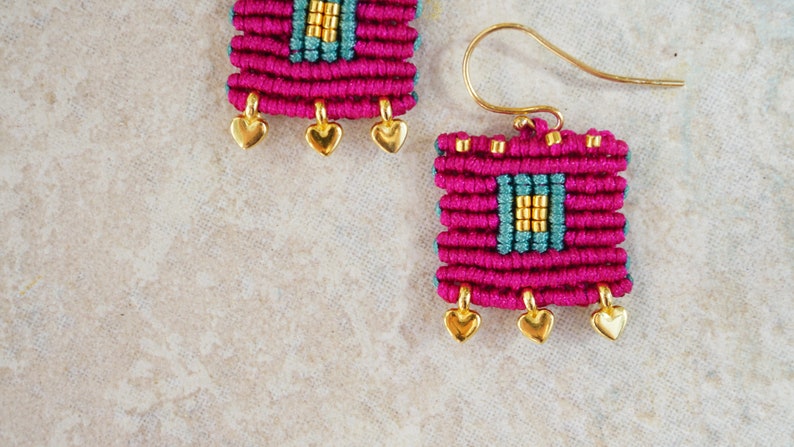 Magenta bohemian square earrings made with little gold plated hearts Pink green and gold macrame earrings with gold miyuki seeds image 4