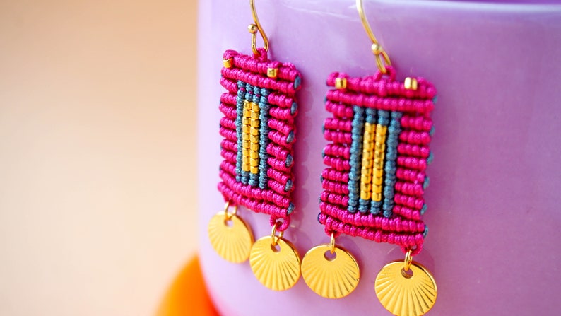 Vibrant Wanderlust: Boho Chic Macrame Earrings with gold elements Handcrafted Artisan Jewelry image 6