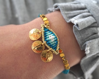 Blue evil eye bracelet with gold coins and gold hematite beads - turquoise agate protection bracelet - gold coin charm