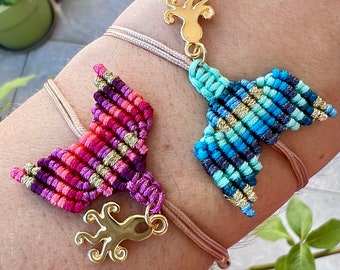 Macrame mermaid tail bracelet - summer friendship bracelet with golden detail - blue, turqoise and pink