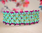 Spring-Summer Lace Macrame Bracelet in Turquoise and Purple Colors with Hematite and peanut Czech Crystal beads, High Quality handcrafted