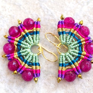 Purple macrame  & bead earrings made with agate beads - green woven boho earrings for spring summer