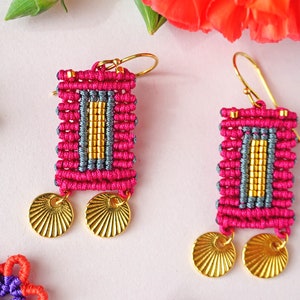 Vibrant Wanderlust: Boho Chic Macrame Earrings with gold elements Handcrafted Artisan Jewelry image 1
