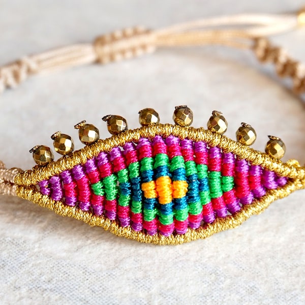 Gold Evil eye bracelet - Protection Bracelet - Macrame bracelet - Everyday bracelet Colorful bracelet - Micro macrame - pulsera mal de ojo