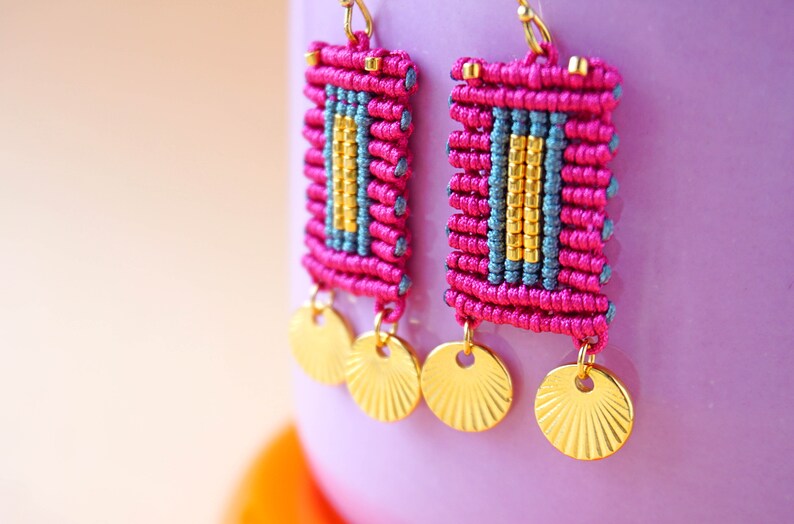 Vibrant Wanderlust: Boho Chic Macrame Earrings with gold elements Handcrafted Artisan Jewelry image 2