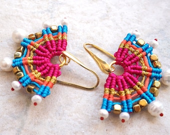 Real pearl earrings with gold hematite beads - MIcro macrame pink and blue earrings - 14k gold plated sterling silver hooks