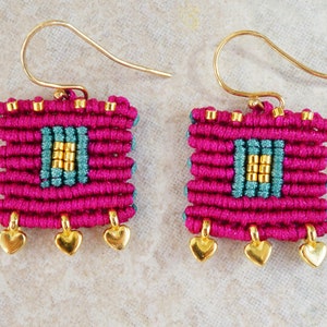 Magenta bohemian square earrings made with little gold plated hearts Pink green and gold macrame earrings with gold miyuki seeds image 1